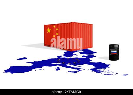 Container marittimo con la Cina e botte di petrolio greggio con bandiere della Russia su una mappa di bandiera dell'Unione europea. Guerra commerciale tra Cina e Unione europea. Sanzioni per la Russia Foto Stock