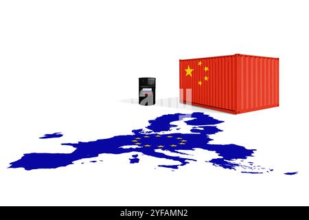 Container marittimo con la Cina e botte di petrolio greggio con bandiere della Russia su una mappa di bandiera dell'Unione europea. Guerra commerciale tra Cina e Unione europea. Sanzioni per la Russia Foto Stock