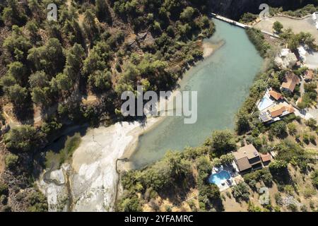 Drone scenario aereo una diga secca in una foresta. Disastro ambientale, terra asciutta. Cipriota troodos Foto Stock