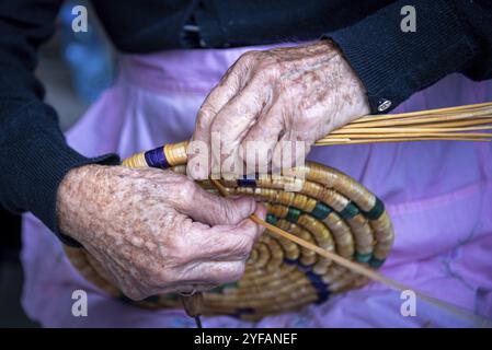 Senior donna da Cipro la tessitura di un cestello tradizionale con ance Foto Stock