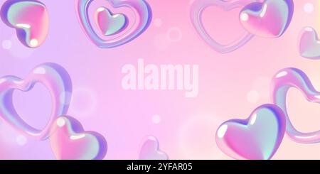 Sfondo cuore gradiente Y2K con forme d'amore astratte olografiche 3d ed effetto bokeh Illustrazione Vettoriale