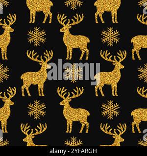 Motivo senza cuciture con cervi dorati e fiocchi di neve. Sfondo di Natale o Capodanno. Illustrazione vettoriale EPS10 Illustrazione Vettoriale