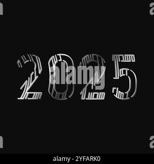 Numeri unici del nuovo anno 2025 in un design futuristico. Numeri metallici. Illustrazione vettoriale isolata su sfondo nero Illustrazione Vettoriale