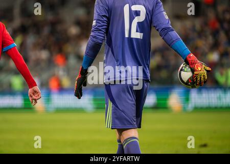 WROCLAW, POLONIA - 14 OTTOBRE 2024: Partita della UEFA Nations League Ucraina - Cechia. Portiere con la palla. Foto Stock