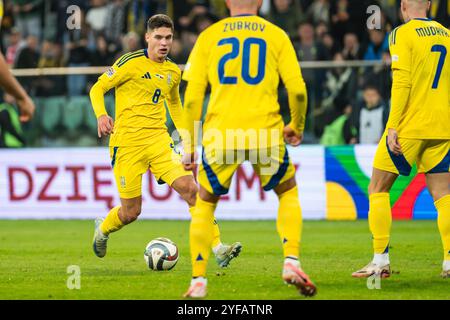 WROCLAW, POLONIA - 14 OTTOBRE 2024: Partita della UEFA Nations League Ucraina - Cechia. In azione Georgiy Sudakov. Foto Stock