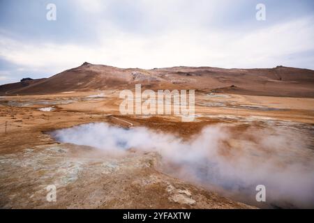 Melpentole bollenti nella zona geotermica Hverir e terra spaccata intorno. Posizione: Zona geotermica di Hverir, regione di Myvatn, parte nord dell'Islanda Foto Stock