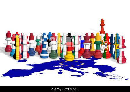 Scacchi fatti da membri dell'UE e bandiere della Cina isolate su sfondo bianco con mappa delle bandiere dell'Unione europea. Guerra commerciale tra Cina e Unione europea. UE pericoloso d Foto Stock