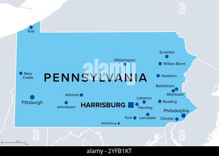 Pennsylvania, stato degli Stati Uniti, mappa politica. Commonwealth della Pennsylvania, uno stato nel nord-est degli Stati Uniti d'America con capitale Harrisburg. Foto Stock