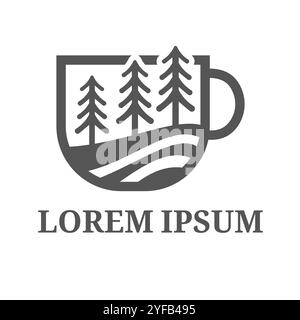 Semplice illustrazione del logo Vector di Pine Tree e Curved River Flow all'interno della silhouette della tazza da caffè. Questo design e' adatto per caffe', affari, caffe' sho Illustrazione Vettoriale