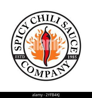 Logo vettoriale con illustrazione dei peperoncini rossi che bruciano circondati dal fuoco, dando un'impressione piccante. Adatto per aziende impegnate in Spicy Foo Illustrazione Vettoriale