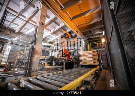 interni moderni di una fabbrica di lavorazione del legno che mostrano pile di pannelli di legno e lavoratori sullo sfondo, organizzati per una produzione e uno stoccaggio efficienti Foto Stock