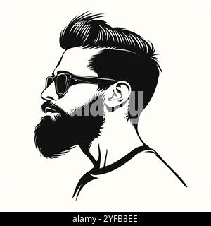 Silhouette nera uomo con barba, volto hipster. Emblema alla moda maschile, icona, etichetta, stampa. Illustrazione vettoriale Illustrazione Vettoriale