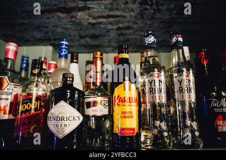 Selezione di bottiglie di alcol su uno scaffale in un ristorante turco, tra cui il tradizionale Raki Foto Stock