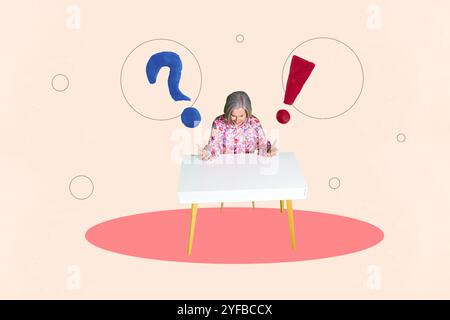 Collage fotografico composito di donna anziana arrabbiata siede esclamazione punto interrogativo dilemma attenzione meditatore brainstorming isolato su sfondo dipinto Foto Stock