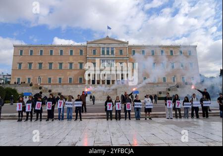 Atene, Grecia. 4 novembre 2024. Gli studenti manifestano a sostegno della Palestina davanti al Parlamento tenendo picchetti indicanti il numero di studenti e studenti morti, e distrussero scuole e università, a seguito dei bombardamenti assassini dello Stato israeliano contro i loro pari a Gaza. Gli studenti stanno lontano dalle loro classi oggi in tutto il paese per protestare contro il continuo degrado delle loro esigenze educative. Crediti: Dimitris Aspiotis/Alamy Live News Foto Stock