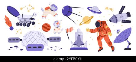 Oggetti di esplorazione spaziale. Trasporti e rover lunari scientifici. Antenne satellitari cosmiche. Navetta spaziale dell'universo. Cani e uomo in tuta spaziale. Stella c Illustrazione Vettoriale