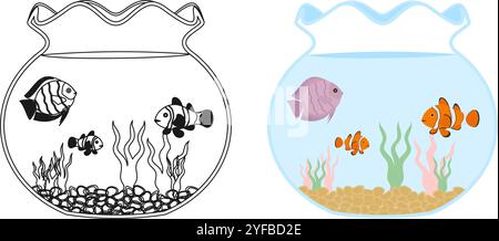 pesce felice nella vasca dell'acquario con ciotola, illustrazione vettoriale isolata su sfondo bianco. Illustrazione Vettoriale