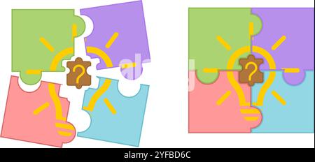 pezzi del puzzle con l'icona della lampadina. concetto di risoluzione dei problemi e di successo del lavoro di squadra. illustrazione vettoriale isolata su sfondo bianco. Illustrazione Vettoriale