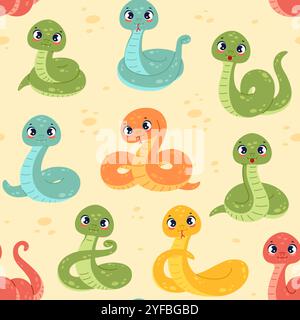 Cartoni animati divertenti serpenti motivo senza cuciture. Simpatici animali tropicali, serpenti esotici nella giungla, mascotte, creature naturali ripetute. Tessuto decorativo, nastro avvolgente Illustrazione Vettoriale