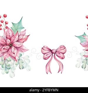 Acquerello Christmas seamless Border - bouquet di fiori di punta rossa con fiocco, composizioni con foglie verdi agrillate e mignolo, frutti di bosco rossi Illustrazione Vettoriale