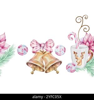Bordo senza cuciture in acquerello - campanella dorata con fiocco di natale. Tazza bianca con renna dorata con fiocco di neve traforato. Canna di caramelle, candela Illustrazione Vettoriale