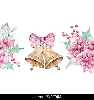 Acquerello natalizio bordo senza cuciture - bouquet di fiori di punta rossa, composizioni con foglie verdi di agrifoglio e mignolo, bacche rosse. Jingle dorato Illustrazione Vettoriale