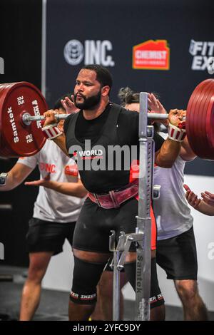 Sydney, Australia. 13 ottobre 2024. Aaron Terry degli Stati Uniti è stato visto in azione ai Campionati mondiali di Powerlifting del 2024. I Campionati mondiali di Powerlifting 2024 2024 sono stati ospitati dal World Powerlifting nel Centro convegni internazionale di Sydney come parte dell'Aus fitness Expo 2024. 112 sollevatori ricaricati con un programma serrato per produrre una serie di record e prestazioni eccezionali. Credito: SOPA Images Limited/Alamy Live News Foto Stock