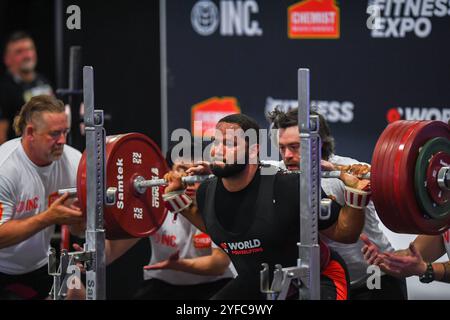 Sydney, Australia. 13 ottobre 2024. Aaron Terry degli Stati Uniti è stato visto in azione ai Campionati mondiali di Powerlifting del 2024. I Campionati mondiali di Powerlifting 2024 2024 sono stati ospitati dal World Powerlifting nel Centro convegni internazionale di Sydney come parte dell'Aus fitness Expo 2024. 112 sollevatori ricaricati con un programma serrato per produrre una serie di record e prestazioni eccezionali. Credito: SOPA Images Limited/Alamy Live News Foto Stock