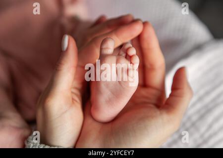 Primo piano la madre tiene delicatamente e accarezza il piede piccolo del neonato tra le mani. Momento cullante, tenerezza e cura tra madre e bambino, nuovo li Foto Stock