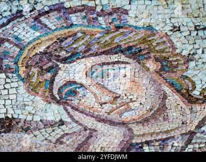 Dettaglio ravvicinato di un mosaico romano nella Casa di Aion raffigurante tesi e Minotauro nella Casa di Teseo, Parco Archeologico di Paphos, Cipro Foto Stock