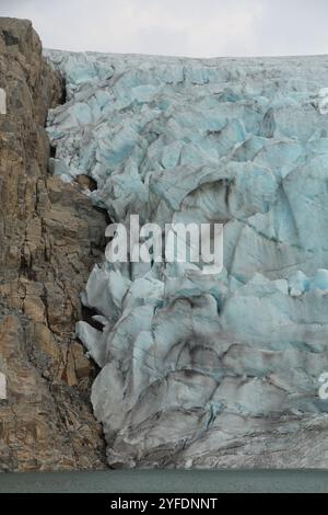 Un viaggio attraverso il cuore ghiacciato della Norvegia: Ghiacciai torreggianti si fanno strada attraverso maestosi fiordi, offrendo agli avventurieri uno sguardo sulla potenza grezza Foto Stock