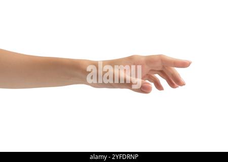 La mano della donna mostra il dito numero uno isolato su uno sfondo bianco. Foto Stock