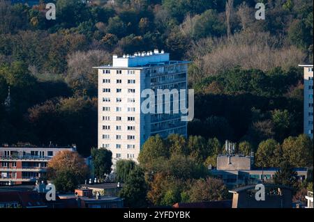 Panorama ad alto angolo su edifici di case popolari con dintorni verdi a Ganshoren, regione di Bruxelles capitale, Belgio, 24 ottobre 2024 Foto Stock