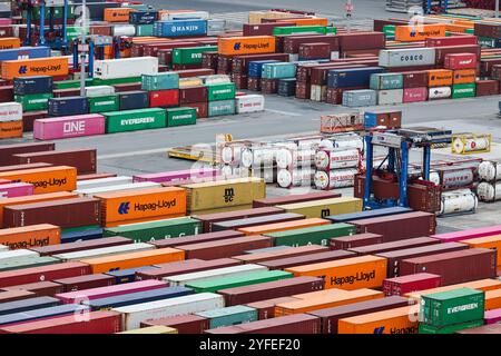 Amburgo, Germania. 4 novembre 2024. I container sono conservati presso il Container Terminal Burchardkai (CTB) di Hamburger Hafen und Logistik AG HHLA nel porto di Amburgo. Credito: Christian Charisius/dpa/Alamy Live News Foto Stock