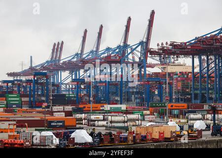 Amburgo, Germania. 4 novembre 2024. I container e il carico generale sono immagazzinati presso il Container Terminal Burchardkai (CTB) di Hamburger Hafen und Logistik AG HHLA nel porto di Amburgo. Credito: Christian Charisius/dpa/Alamy Live News Foto Stock