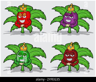 Personaggi dei cartoni animati di fragole, mangostane, anguria e ciliegio con corona in foglia di erba. Per le attività di etichettatura, imballaggio, adesivi e prodotti. Vect Illustrazione Vettoriale