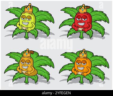 Personaggi cartoni animati di limone, mela, mango e arancia con corona in foglia di erba. Per le attività di etichettatura, imballaggio, adesivi e prodotti. Illo vettori Illustrazione Vettoriale