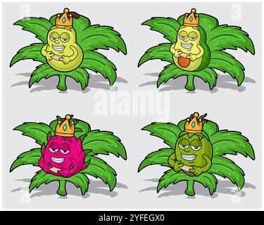 Personaggi dei cartoni animati di pera, avocado, frutto del drago e cocco con corona in foglia di erba. Per le attività di etichettatura, imballaggio, adesivi e prodotti. Il. Vettori Illustrazione Vettoriale