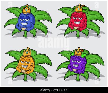 Personaggi cartoni animati di mirtillo, lampone, ananas e uva con corona in foglia di erba. Per le attività di etichettatura, imballaggio, adesivi e prodotti. Vettori Illustrazione Vettoriale