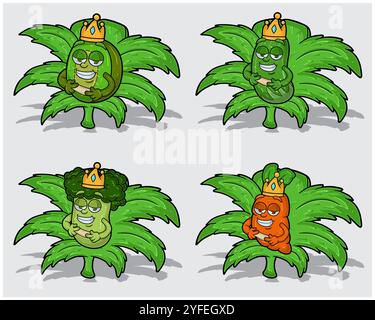Personaggi cartoni animati di Kiwi, cetriolo, Broccoli e carota con corona in foglia di erba. Per le attività di etichettatura, imballaggio, adesivi e prodotti. Illustrazione dei vettori Illustrazione Vettoriale