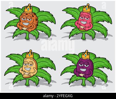 Personaggi cartoni animati di biscotti, Guava, biscotti e prugna con corona in foglia di erba. Per le attività di etichettatura, imballaggio, adesivi e prodotti. I vettori illustrano Illustrazione Vettoriale