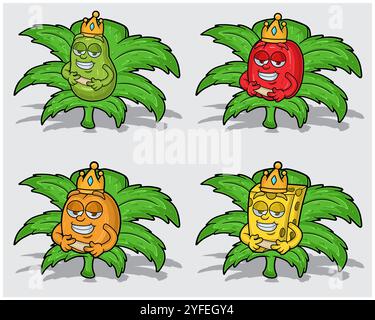 Personaggi dei cartoni animati di Papaya, Paprika, albicocca e formaggio con corona in foglia di erba. Per le attività di etichettatura, imballaggio, adesivi e prodotti. Illustrazione dei vettori Illustrazione Vettoriale