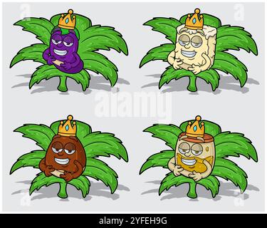 Personaggi dei cartoni animati di melanzane, margarina, castagno e miele con corona in foglia di erba. Per le attività di etichettatura, imballaggio, adesivi e prodotti. Il. Vettori Illustrazione Vettoriale