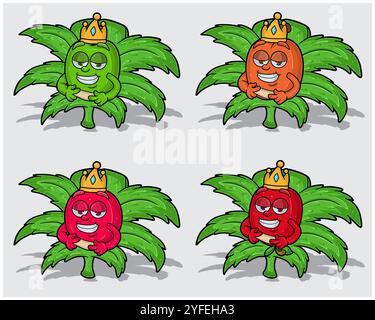 Personaggi dei cartoni animati di Mela Verde, pesca, mirtillo e melograno con corona in foglia di erba. Per le attività di etichettatura, imballaggio, adesivi e prodotti. Vect Illustrazione Vettoriale