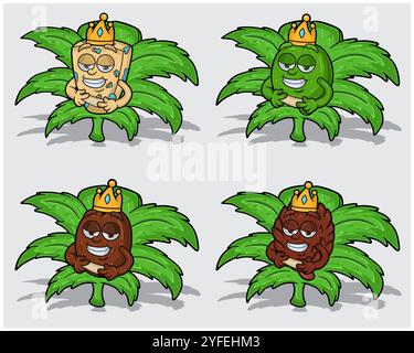 Personaggi dei cartoni animati di Bluecheese, Lime, Coffee and Pine with Crown in Weed Leaf. Per le attività di etichettatura, imballaggio, adesivi e prodotti. I vettori illustrano Illustrazione Vettoriale