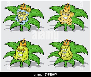 Personaggi dei cartoni animati di Margarita, Star Fruit, Limone e Pera con corona in foglia di erba. Per le attività di etichettatura, imballaggio, adesivi e prodotti. Illu. Vettori Illustrazione Vettoriale