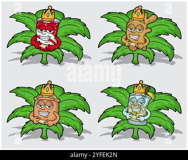 Personaggi dei cartoni animati di Cola, Ginger, Matcha e Mojito con corona in foglia di erba. Per le attività di etichettatura, imballaggio, adesivi e prodotti. Vettori illuminati Illustrazione Vettoriale