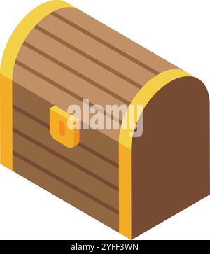 Scrigno chiuso in legno con dettagli dorati, per creare un'accattivante vista isometrica, perfetto per risorse di gioco, illustrazioni o progetti a tema pirata Illustrazione Vettoriale