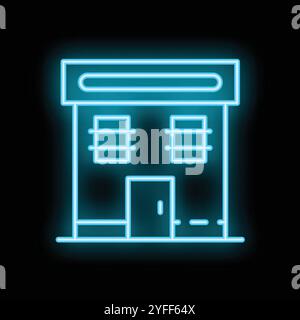 Illustrazione con insegne al neon che raffigura un edificio con un baldacchino, illuminato da una luce blu brillante su uno sfondo scuro Illustrazione Vettoriale