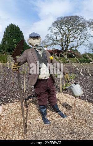 Scarecrow “Diggory” in The Kitchen Garden, Lost Gardens of Heligan, Cornovaglia, Regno Unito, marzo. Foto Stock